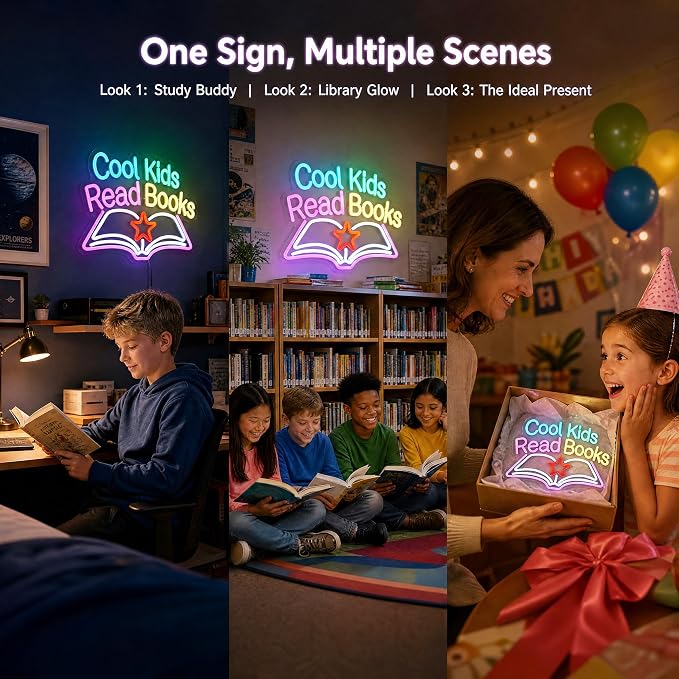 Cool Kids Read Books Neon Sign - Classroom Reading Corner Decor | 15.7"x11.8" Book-Shaped Light with Dimmer, 6.5ft USB Powered, Hanging Chain Included, Night Reading Lamp