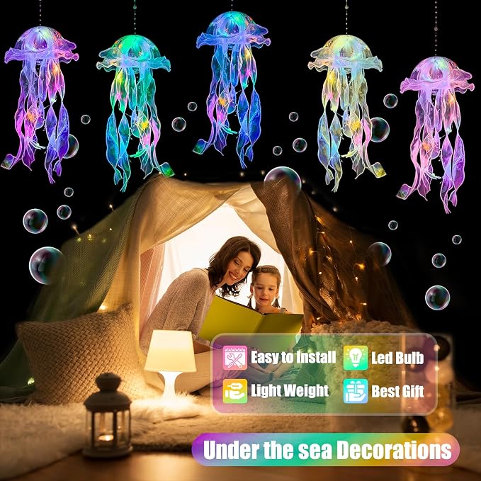 Jellyfish Decor - 10 Pcs Light Up Jellyfish Lanterns, Hanging Jelly Fish Decorations for Mermaid Birthday Decorations & Under The Sea Party Decorations, Ocean Themed Supplies Gifts