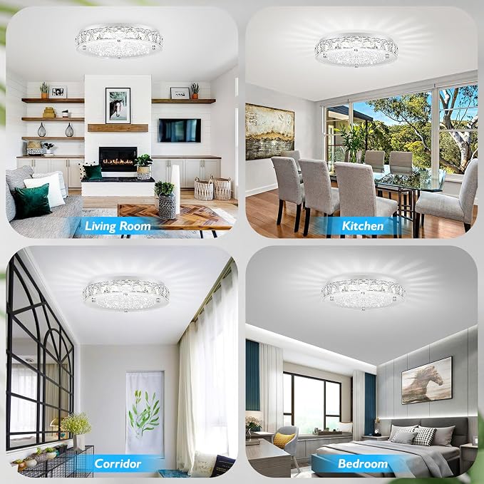 Crystal Flush Mount Ceiling Light, LED Chandeliers Light Fixture 19-Inch, 5000K Daylight White Super Bright 5000LM Dimmable Farmhouse Kitchen Lighting Modern Ceiling Lamp for Bedroom Bathroom Nursery
