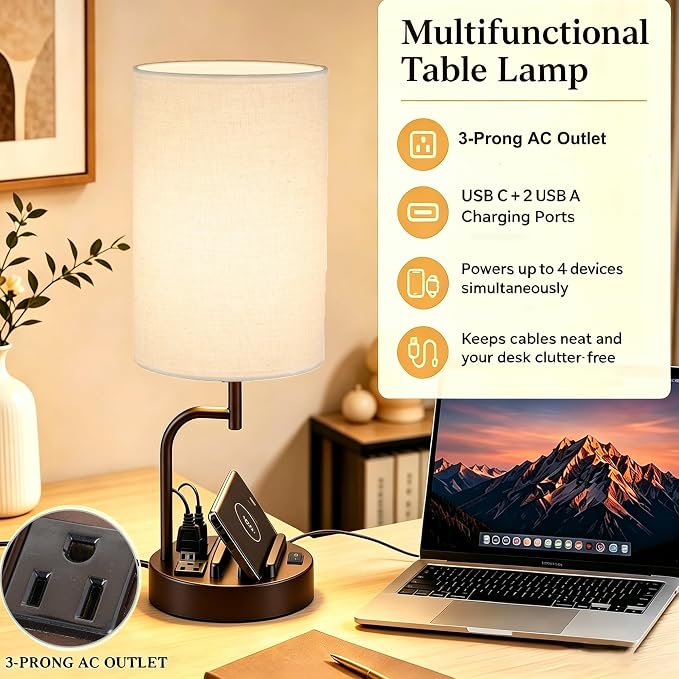 Dreamholder 2 Pack Table Lamp, Bedside Lamp with 3 USB Charging Ports & AC Outlet, USB Desk Lamp with 2 Phone Holders, Linen Fabric Shade Nightstand Lamps for Bedroom Living Room Office, Dark Brown