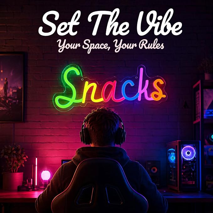 Snacks Neon Sign, Snack Bar Sign for Wall Decor, Candy Shop Movie Theater Decor, Dimmable USB Powered Colorful 15"x5.9"