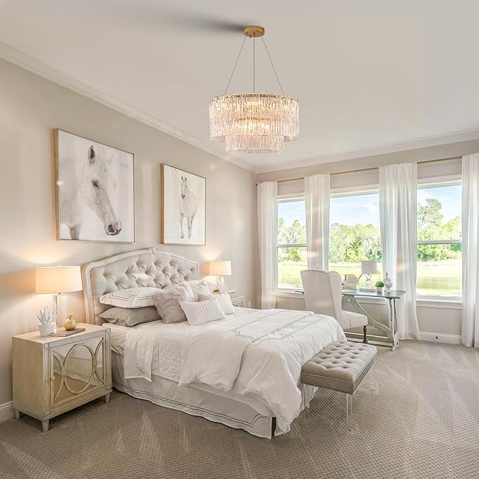 Modern Gold Chandeliers,20” Crystal Glass Pendant Ceiling Light Fixtures 7-Light Round Chandelier Luxury 2 Tiers Hanging Chandelier for Dining Room Foyer Living Room Bedroom