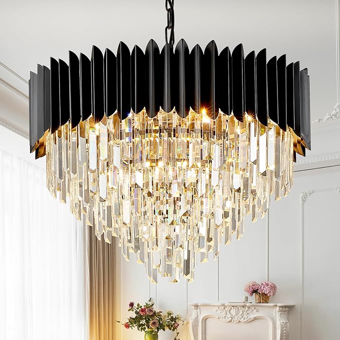 24" Modern Black Crystal Chandeliers 5-Tier 10 Lights Ceiling Light Fixture K9 Crystal Hanging Pendant Ceiling Light for Dining Room Living Room Bedroom Entryway
