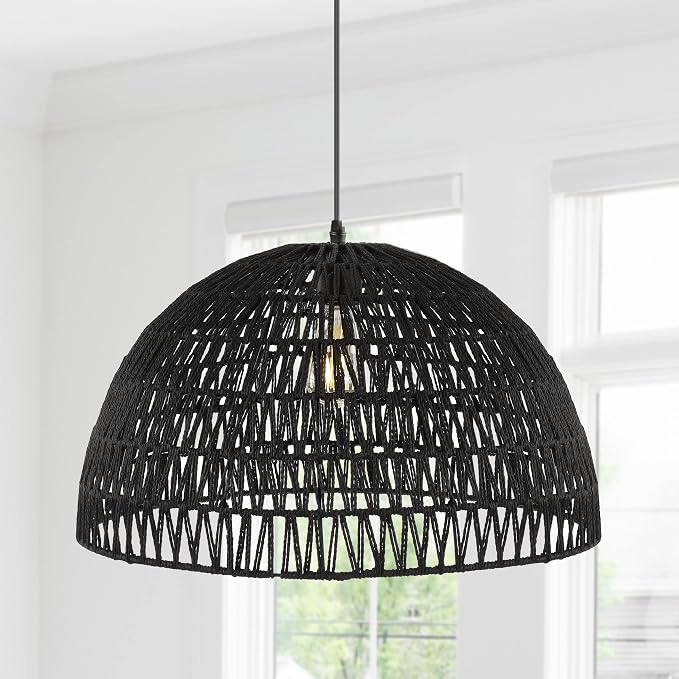 JONATHAN Y Campana 1-Light Pendant Dome Ceiling Lamp, 20", Black | Modern Coastal Farmhouse Decor, Adjustable Height, Woven Rope Metal Frame, LED Bulb Included, UL Listed