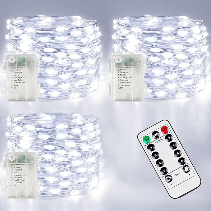 3 Pack Fairy Lights Battery Operated with Remote 120 LED 40 FT Cool White | Twinkle String Lights with 8 Modes Timer and IP44 Waterproof for Indoor Outdoor Christmas Party Fireplace Bedroom DIY Decor