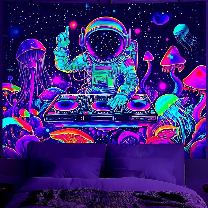 BVBOX Blacklight Space Astronaut Tapestry UV Reactive Galaxy Planet Glow in Dark Tapestries Black Light Poster Neon Wall Hanging Art for bedroom Living Room (Astronaut DJ 1-1M)