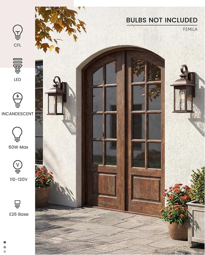 FEMILA Dusk to Dawn Outdoor Wall Sconces, 15" ORB Front Porch Light Fixtures Wall Mount, Exterior Light for Patio, Entryway, Garden, Water Ripple Glass, UL Listed, 4FD54B-PC ORB-WP