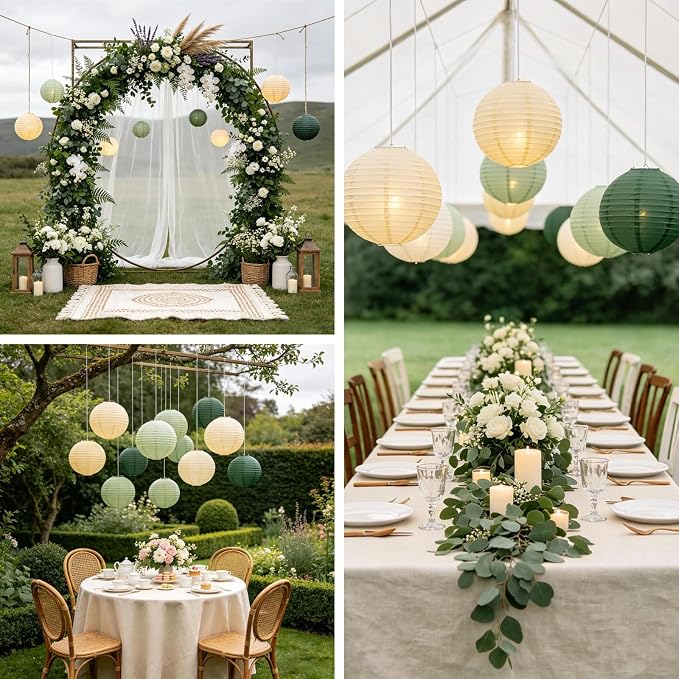 Boho Chinese Paper Lanterns LED Lights, 10-Pack 10inch | Hanging Lights in Cream, Sage & Forest Green for Garden Party, Boho Wedding, Birthday Decorations & Home Party