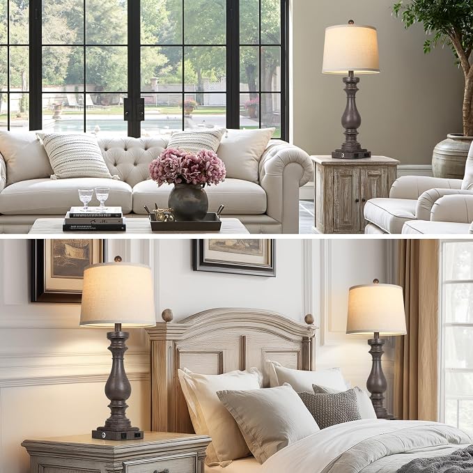 29" Tall Farmhouse Table Lamp for Living Room Set of 2,Vintage Retro Nightstand Lamps with USB C+A Ports & AC Outlet,3-Way Dimmable Touch Bedside Lamp for Bedroom End Table,Earthy Tone