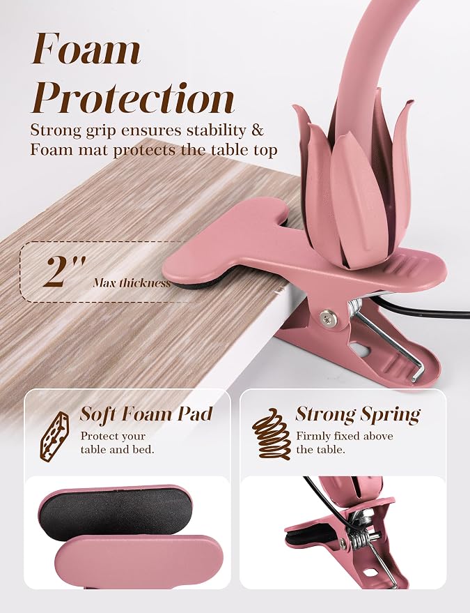 Flower Clip On Desk Lamp for Home and Dorm - Cute Floral Clip On Bedside Book Reading Light, Pink Flower Bunk Bed Lighting, Kawaii Led Flexible Gooseneck Table Lamp for Headboard with Clamp