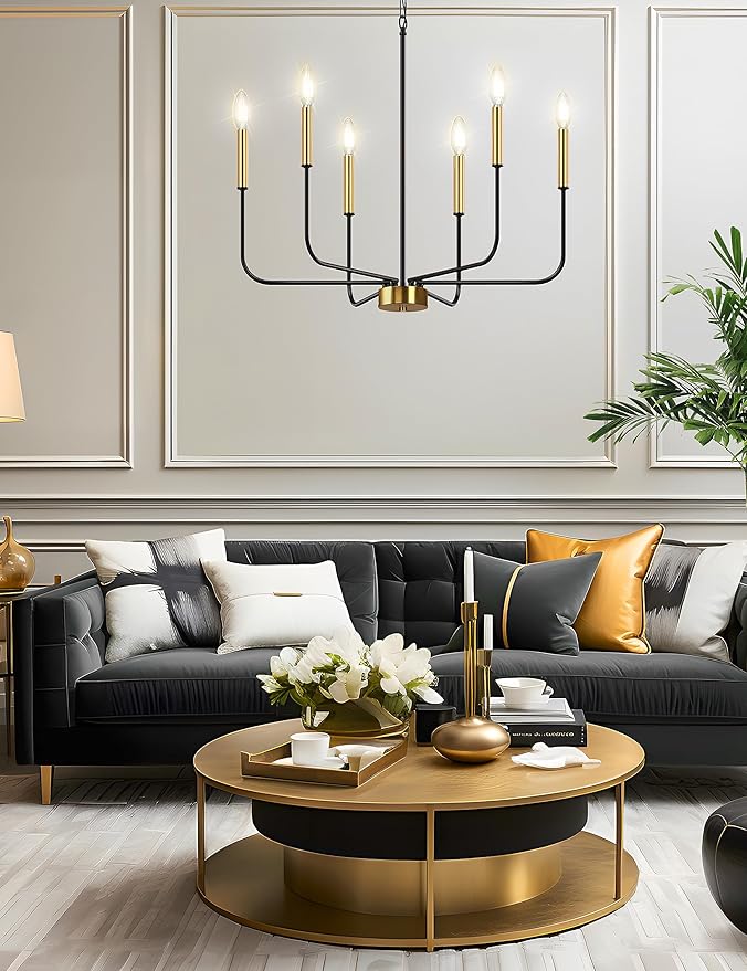 DORESshop 6-Light Black and Gold Farmhouse Chandeliers for Dining Room, Light Fixture Adjustable Height, Industrial Modern Chandeliers for Living Room, Bedroom and Foyer