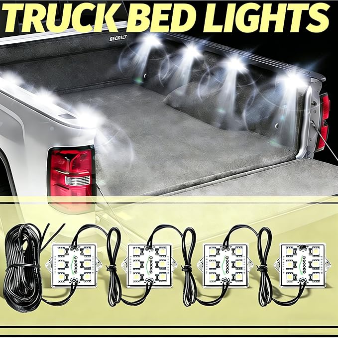 White LED Truck Pickup Bed Light Kit, 8 PCS 48 LEDs Rock Lighting Kits IP68 Waterproof LED Lighting Set with Switch for Car, Side Marker, Foot Wells, Rail Lights for Halloween