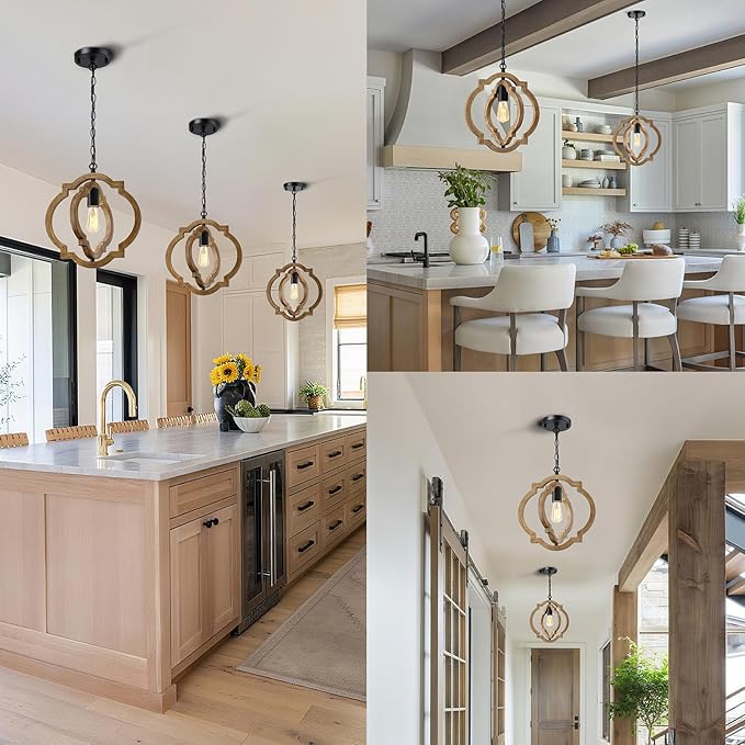 2-Pack Farmhouse Pendant Light Fixtures, Wood Grain Hanging Lights for Kitchen Island, Adjustable Height, E26 Base, Sloped Ceiling Compatible, Rustic Ceiling Light