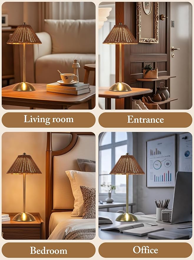 Boho Rattan Table Lamp,Wicker Night Light,LED Rechargeable Reading Lights,3 Color Touch Control Dimmable Bedside Lamps Living Room Bedroom Office Lighting Home Outdoor Decoration