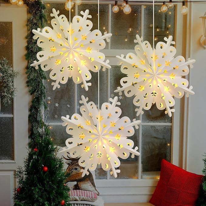 Mudder 3 Pcs Christmas Paper Snowflake Lanterns with 5 LED Light 23.6 Inch 3D White Hanging Snowflake Lamps Winter Party Hanging Decoration for Xmas Trees Holiday Winter Weddings Birthday Celebration