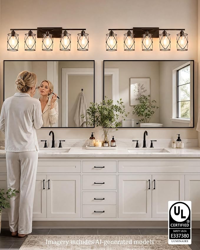 5-Light Oil Rubbed Bronze Bathroom Light Fixtures Over Mirror, 38" UL-Listed Modern Farmhouse Wall Sconce Lights with Clear Glass and Metal Cage for Bath, Hardwire E26, CH9176ORB-5W