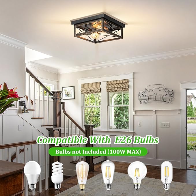 Oil Rubbed Bronze Hallway Light Fixtures Ceiling, 2-Light Farmhouse Industrial Flush Mount Ceiling Lights, 2-Pack Metal Kitchen Light Fixtures, Close to Ceiling Lights for Bedroom Living Room Entryway