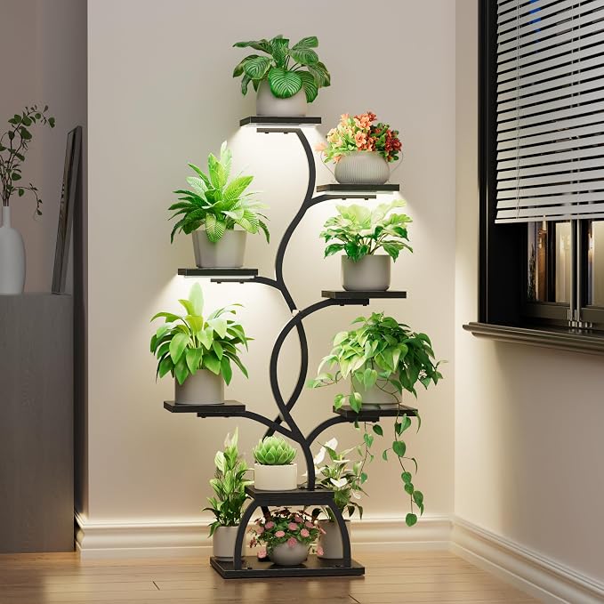 Plant Stand Indoor with Grow Light - 8 Tiered Corner Plant Shelf Indoor | 49" Plant Holder with Lights for Indoor Growing, Tall Lighted Flower Stand for Living Room, Balcony, Black