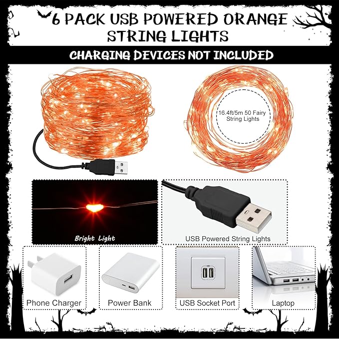 Macarrie 6 Pcs Orange Fairy Lights USB Powered 16 ft 50 LED String Lights Plug in for Indoor Outdoor Bedroom DIY Party Wedding Home Festival Tree Garden Xmas Decoration
