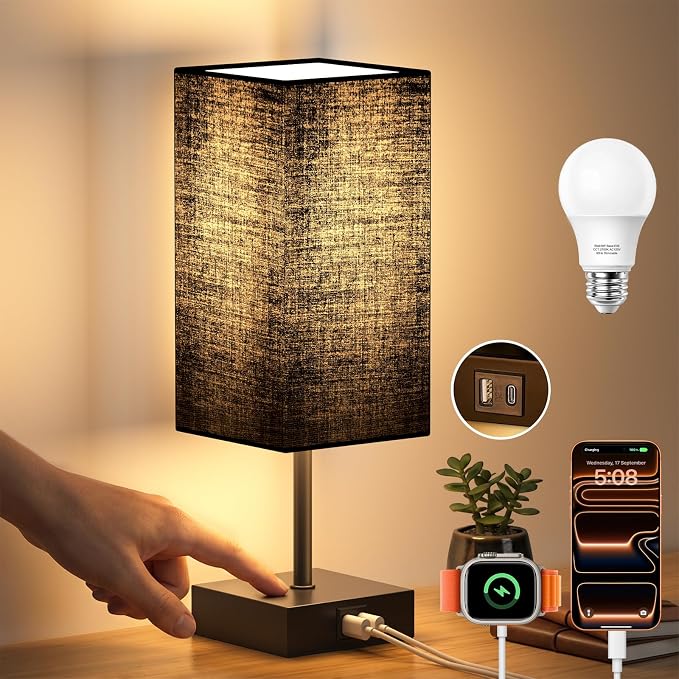 Bedside Lamp for Bedroom Touch Control Nightstand Lamp with USB C+A | Table Lamp Black Lampshade 14-inch, 3 Way Dimmable, Small Bedside Lamps for Living Room ,Dorm, Office, LED Bulbs Included