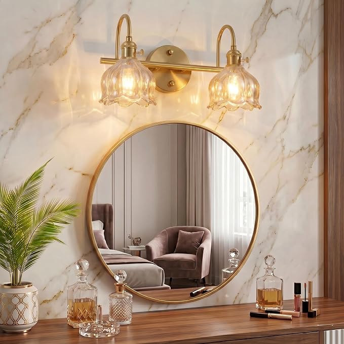 Bathroom Light Fixtures, 3-Light Brass Vanity Wall Light with Amber Tulip Glass Shades, Vintage Wall Sconce Over Mirror for Bathroom, Bedroom, Living Room (Bulbs Not Included) (Amber, 2-Light)
