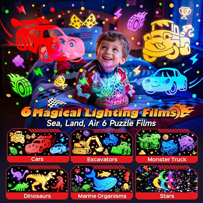 Toy Cars Projector Egg Shaped | 6HD Films+15 Sounds+31 Colors+Remote Control+360°Rotating | Egg Light for Nursery Toy Cars for Toddlers 1-3 Toys for Boys age 4-7 Toddler Boy Birthday Gifts 1-8 Years
