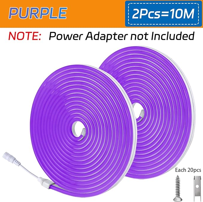 Neon Light Strip-2PCS/10M/32.8FT/Purple/Flexible and Waterproof LED Rope Light with Mounting Accessories for Indoor & Outdoor Decoration,[No Adapter]