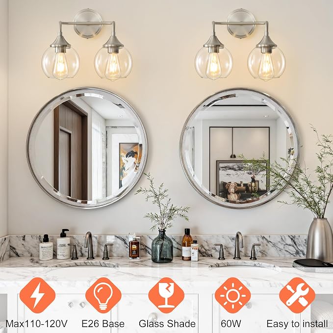 Bathroom Light Fixtures 2-Light Brushed Nickel Vanity Light 14" | Farmhouse Vanity Lighting Fixtures Over Mirror, Thickened Clear Glass Shade, UL E26 Dimmable Vanity Light Fixtures