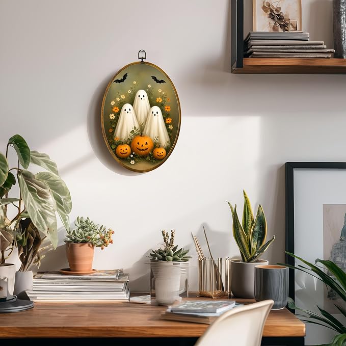 Cute Ghost Pumpkin Oval Wall Art, Framed Canvas Decor, 8.5x11.5 Inch | Three cute ghosts, jack o lantern pumpkins, bats and floral garden Halloween decor