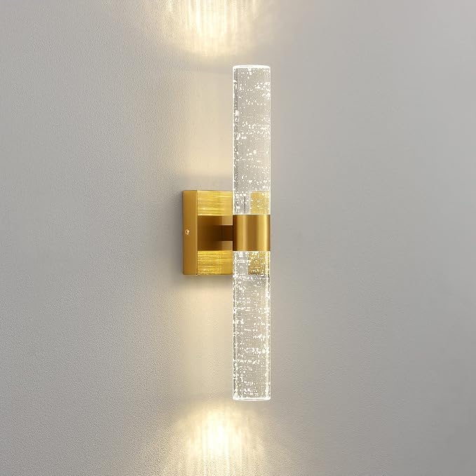 Gold Wall Sconces Set of Two - Modern Crystal Sconces Wall Lighting 12W 4000K LED Wall Sconce Dimmable Indoor Wall Light Fixtures for Bathroom Bedroom Living Room Hallway, 18 Inch