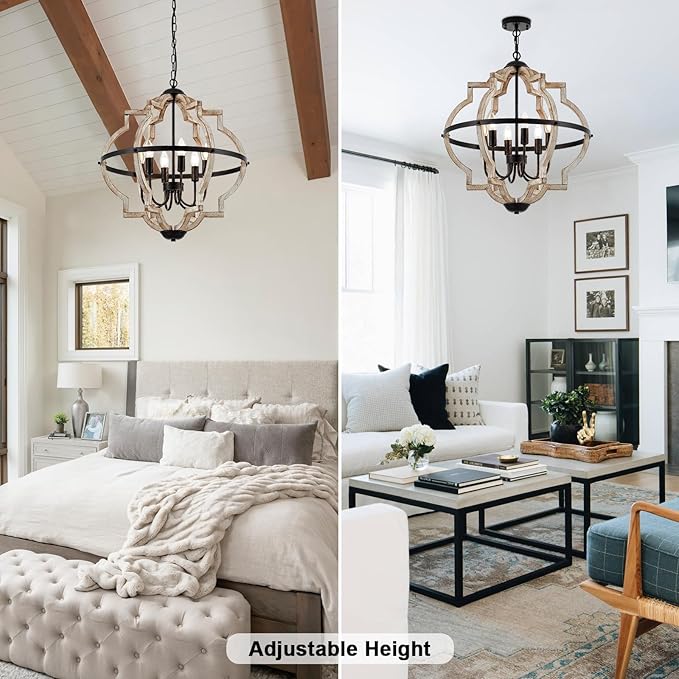 Farmhouse Chandelier for Dining Room Vintage Rustic Oak Distressed White 23'' 6-Light Wood Pendant Lighting Globe Hanging Ceiling Light Fixtures for Entryway Foyer Kitchen Living Room