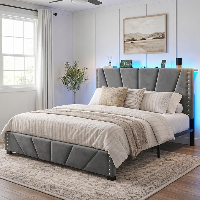 EnHomee Queen Bed Frame with LED Lights & USB, Noise-Free, Charcoal Grey | Adjustable Velvet Headboard，Under-Bed Storage，Heavy Duty Support with 12 Slats，No Box Spring Needed，Easy Assembly for Bedroom