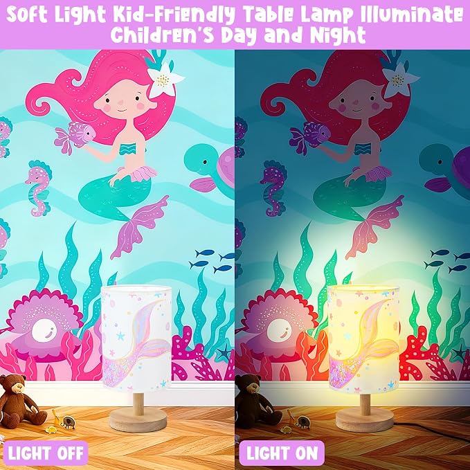 Mermaid Table Lamp for Kids Bedroom - Mermaid Tail Pastel Kids Bedside Lamp with Linen Wooden Nightstand Nursery Lampshade for Girls Room Decor
