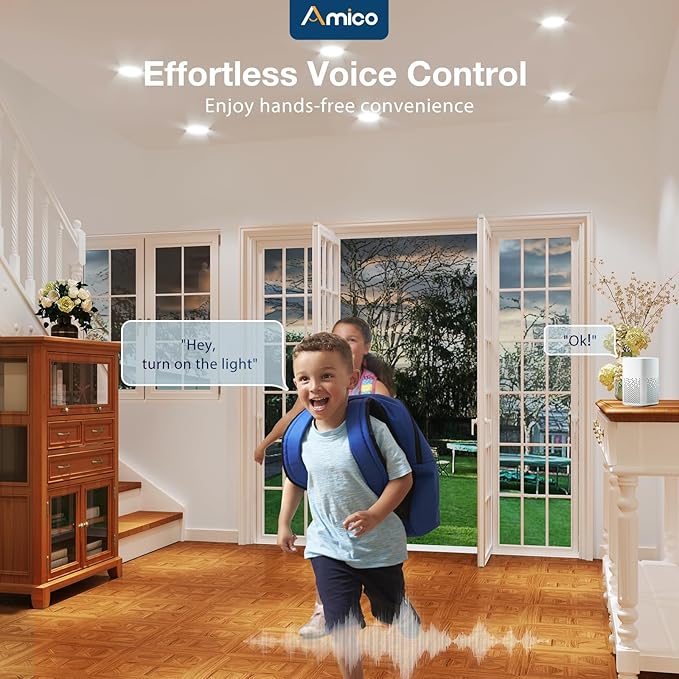 Amico 6 Pack 6 Inch Smart LED Recessed Lighting, WiFi Canless Downlight with Junction Box, RGB & 2700-6500K Color Changing, 12W=110W 1000LM, Voice&Remote&Group Control