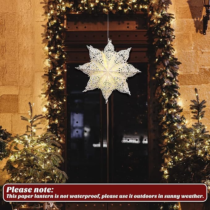 Mudder 23.6 Inch Christmas Paper Snowflakes Star Lantern with Light Parol Lantern Filipino Party Supplies Hanging Decoration for Weddings Christmas Trees Birthday Holiday Party Celebration