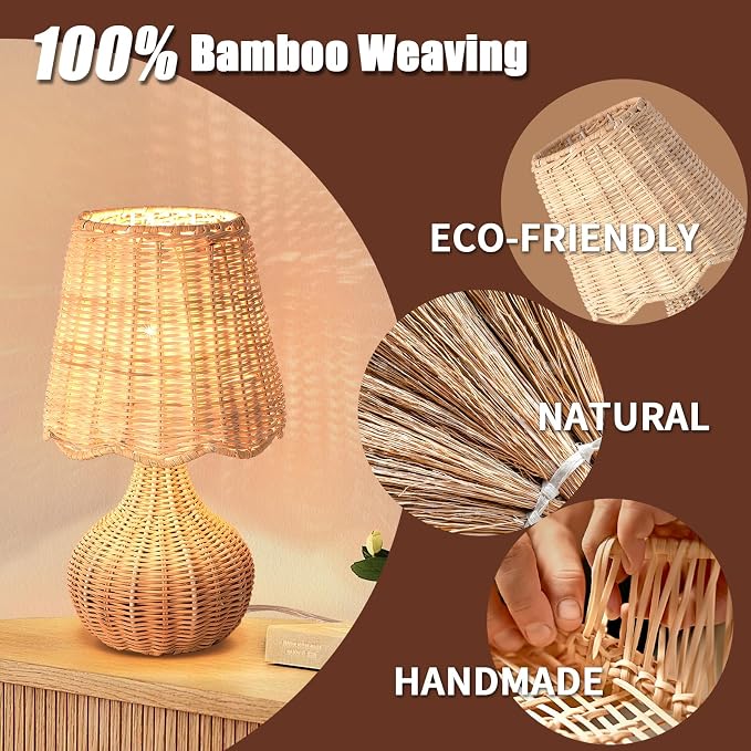 Ziqqeelam Rattan Small Bedside Table Lamp for Bedroom, Boho Mini Table Lamps for Nightstand, Farmhouse Small Table Lamps for Small Spaces for Kitchen Counter, Bookshelf, Bedroom, Kids Dorm