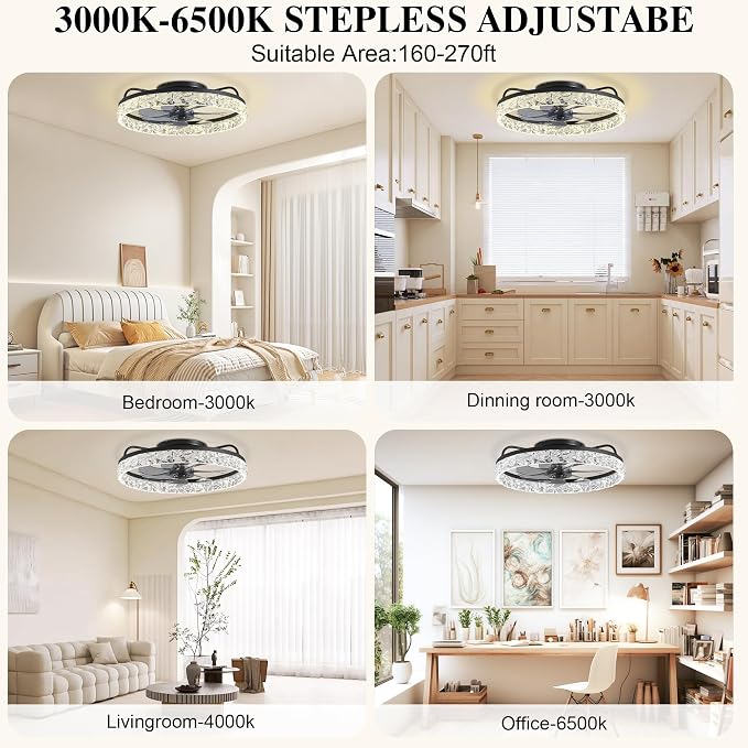 Ceiling Fans with Lights and Remote Fandelier - White 20'' Flush Mount Low Profile Modern Ceiling Fans for Bedroom - Stepless Color Temperature and 6 Speeds, White