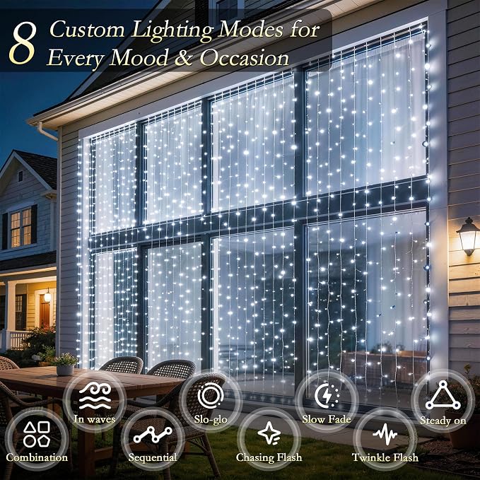 Curtain String Lights Indoor, 200LED 6.6 * 6.6FT USB Plug-in Window Curtain Lights with Timer and 8 Modes, Waterproof Cool White Curtain Fairy Lights for Bedroom Room Wedding Outdoor Decor