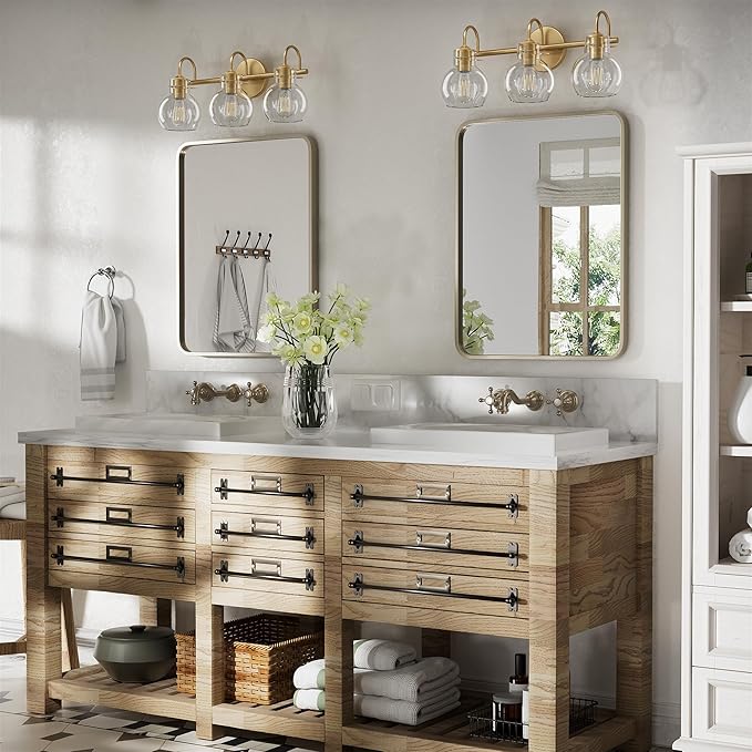 Gold Vanity Light, 3 Light Bathroom Light Fixtures, Modern Bathroom Vanity Lights Fixtures Over Mirror with Clear Globe Glass Shade, Gold Wall Sconces for Bathroom Hallway, E26 Base