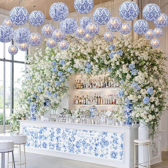 12 Pcs Chinoiserie Party Decor Blue White Porcelain Paper Lantern | 10", Blue and White Porcelain Paper Lantern, Chinese Hanging Decor for Classroom Wedding Birthday Party Baby Shower Home