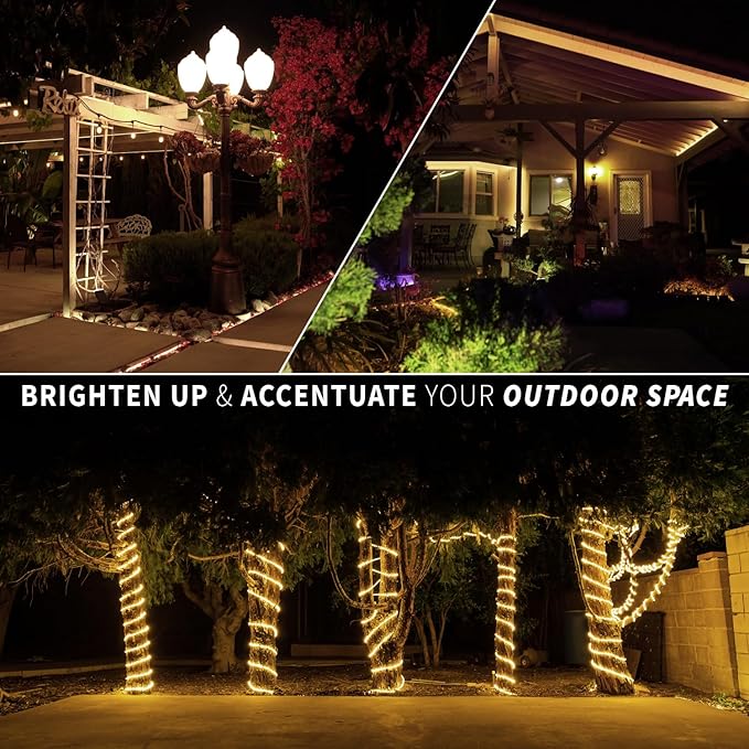 WYZworks 216LEDs, 20ft LED Outside Rope Lights, Waterproof Permanent Outdoor ETL Certified Connectable Clear Tube, Christmas Palm Tree Holiday Decorative Landscape Patio Accent Lighting - Warm White