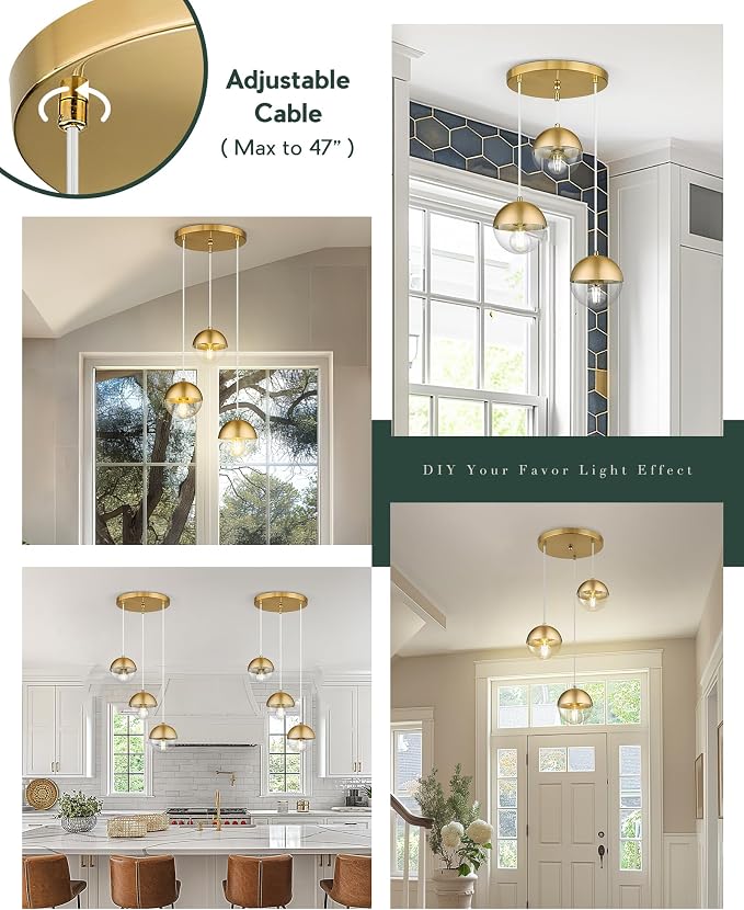 Brushed Gold 3-Light Cluster Pendant Lights, Modern Dining Room Light Fixtures Over Table with Clear Globe Glass, Adjustable Hanging Cord Ceiling Light for Dining Room Kitchen Island, LMS-186BGC3