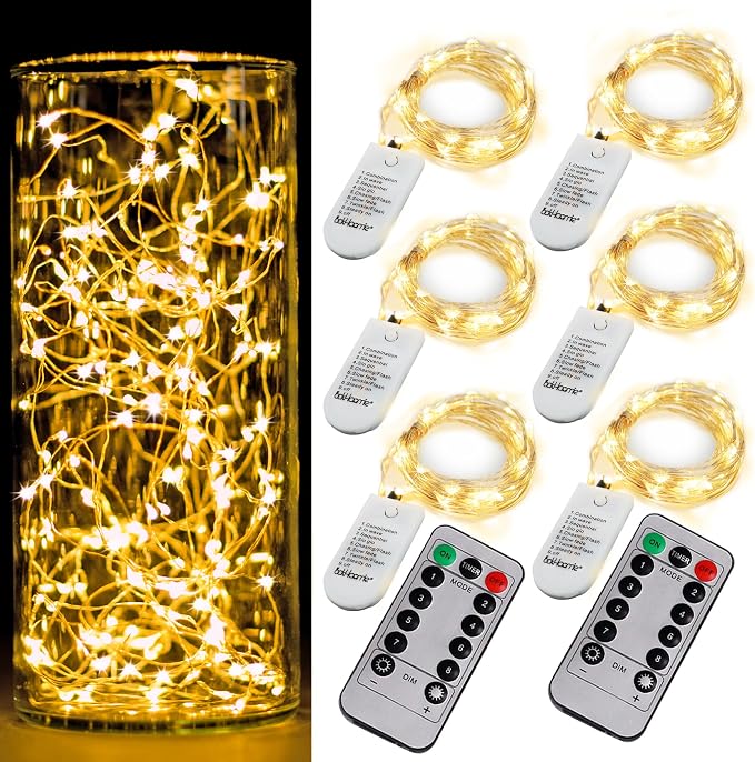 6 Pack Fairy Lights Battery Operated With Timer,2 Remotes,20 LED Warm White | 6.5ft Twinkle Lights,Waterproof Silver Wire Firefly Lights DIY Mason Jar Wedding Party Christmas Centerpiece Table Deco