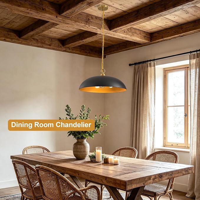 20in Black and Gold Dome Pendant Light, Large 3-Light Chandelier | Industrial Matte Black Oversized Pendant Light Fixture Ceiling Hanging Lamp for Kitchen Island Dining Room Over Table 1 Pack