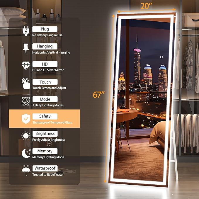Hasipu Full Length Mirror with Lights, 67" x 20" LED Lighted Floor Standing, Full Body Dressing Hanging Mounted Mirror, Tempered Glass, Square White