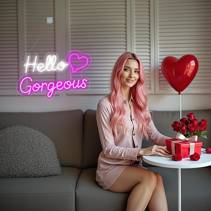 Hello Gorgeous Neon Signs for Wall Decor, for Sign with Dimmable Switch - for Girls Bedroom, Makeup Room Decor Home Wedding Birthday Backdrop (16in White+Pink)