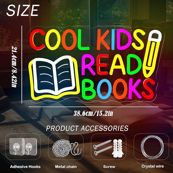Cool Kids Read Books Neon Sign for Wall Decor, Dimmable Reading LED Neon Lights Sign for Classroom, Library, Kids Room, Reading Corner, Study Room, Book Club Decoration