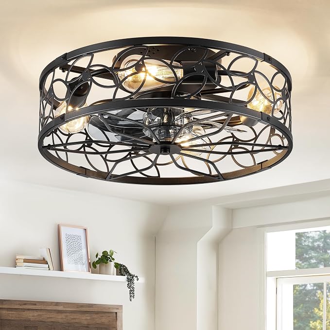 LEDIARY Caged Ceiling Fan with Light, Flush Mount Fandalier with Remote | Low Profile, Farmhouse Small, Bladeless Industrial, Quiet DC Motor, App Control for Bedroom, Kitchen, Dining Room, Black