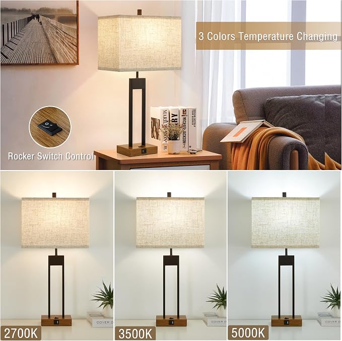 Extra Large 25.5'' Set of 2 Modern Bedroom Table Lamps with USB C+A Ports, Color Changeable, Brown Night Stand Lamps for Bedside, Guest Room, Office, Reading