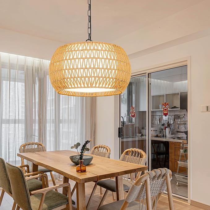 Farmhouse Chandelier Light Fixture,Rattan Boho Chandeliers for Dining Room,Large Pendant Lights Kitchen Island Hanging Light Fixtures Wicker Chandeliers for Bedroom Living Room Kitchen Nursery